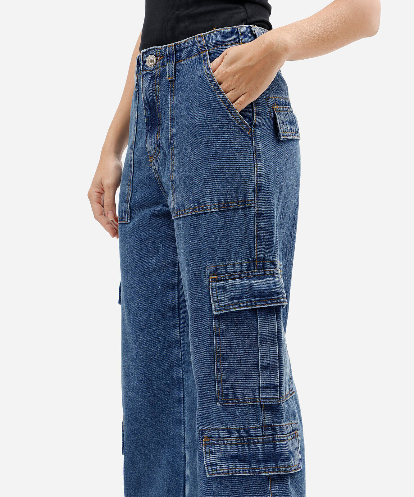 calça cargo feminina jeans cintura alta azul