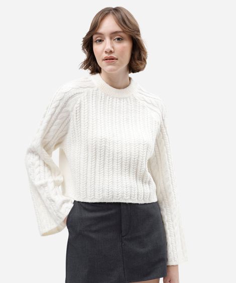 suéter cropped feminino de tricot texturizado off white