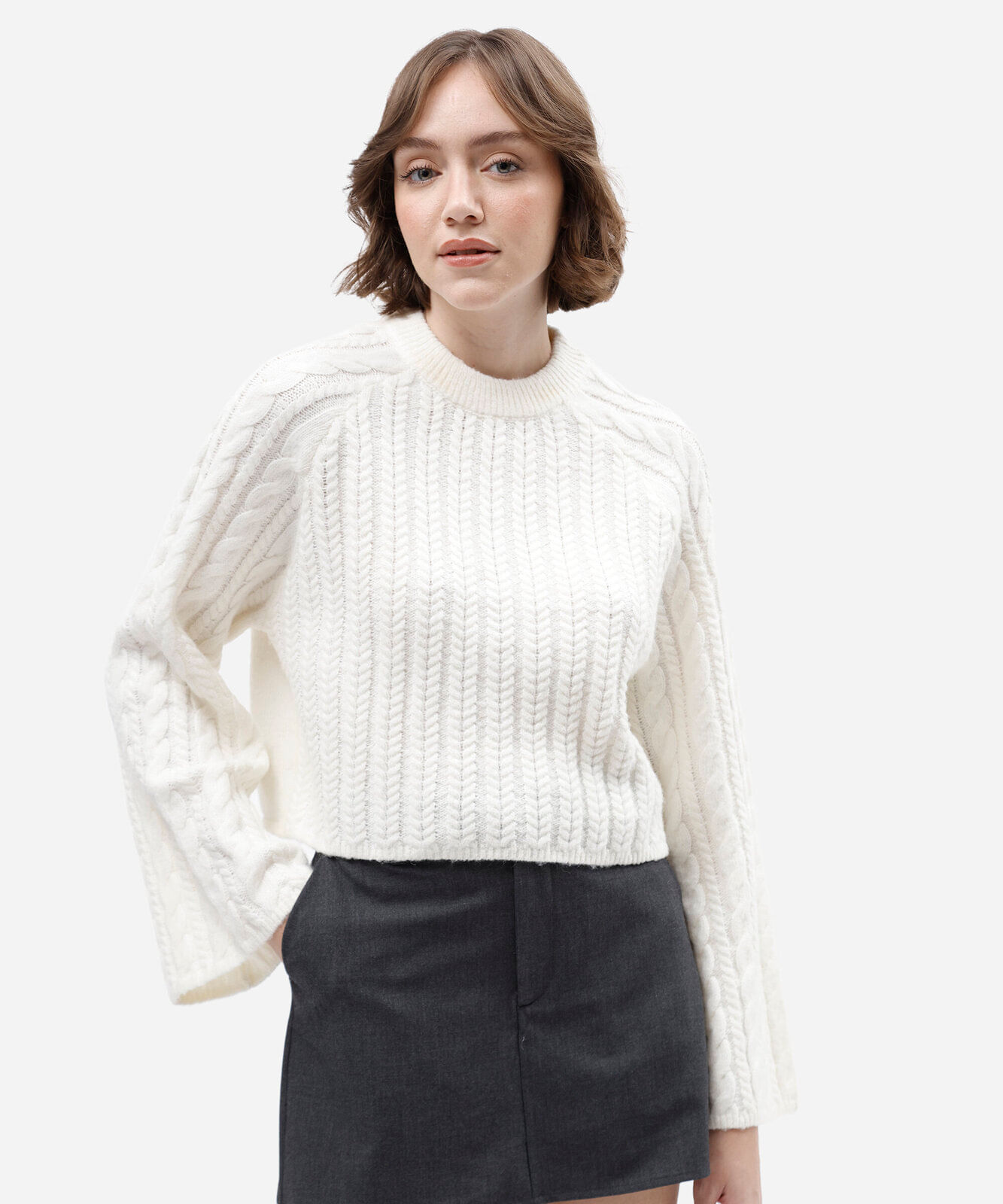 suéter cropped feminino de tricot texturizado off white
