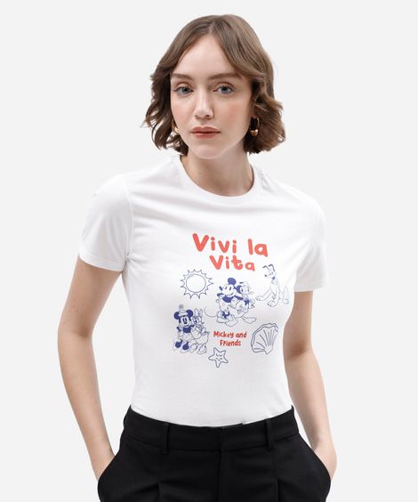 camiseta feminina de algodão manga curta mickey mouse  off white