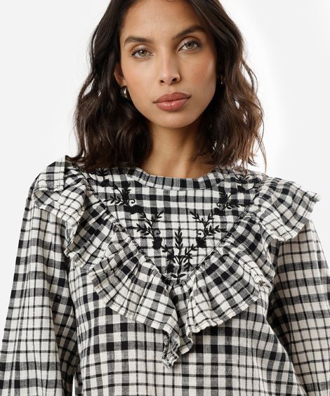 blusa feminina de algodão com babado e bordado xadrez preta