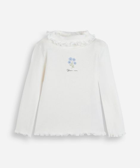 blusa infantil de algodão gola alta manga longa estampada off white