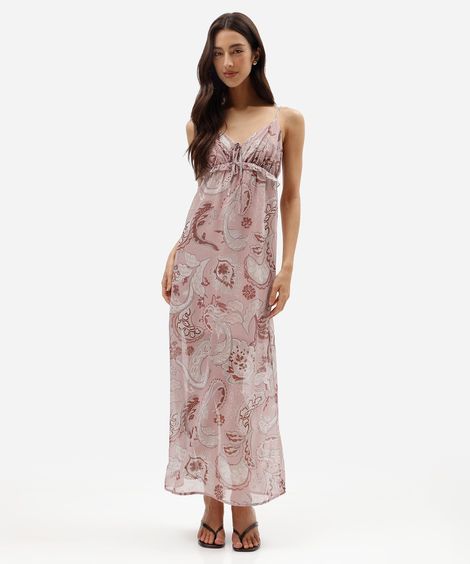 vestido longo alça fina feminino paisley rosa