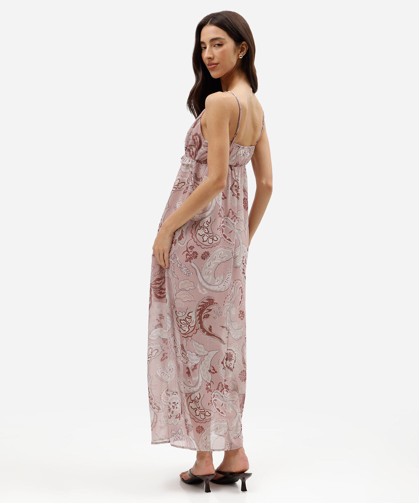 vestido longo alça fina feminino paisley rosa