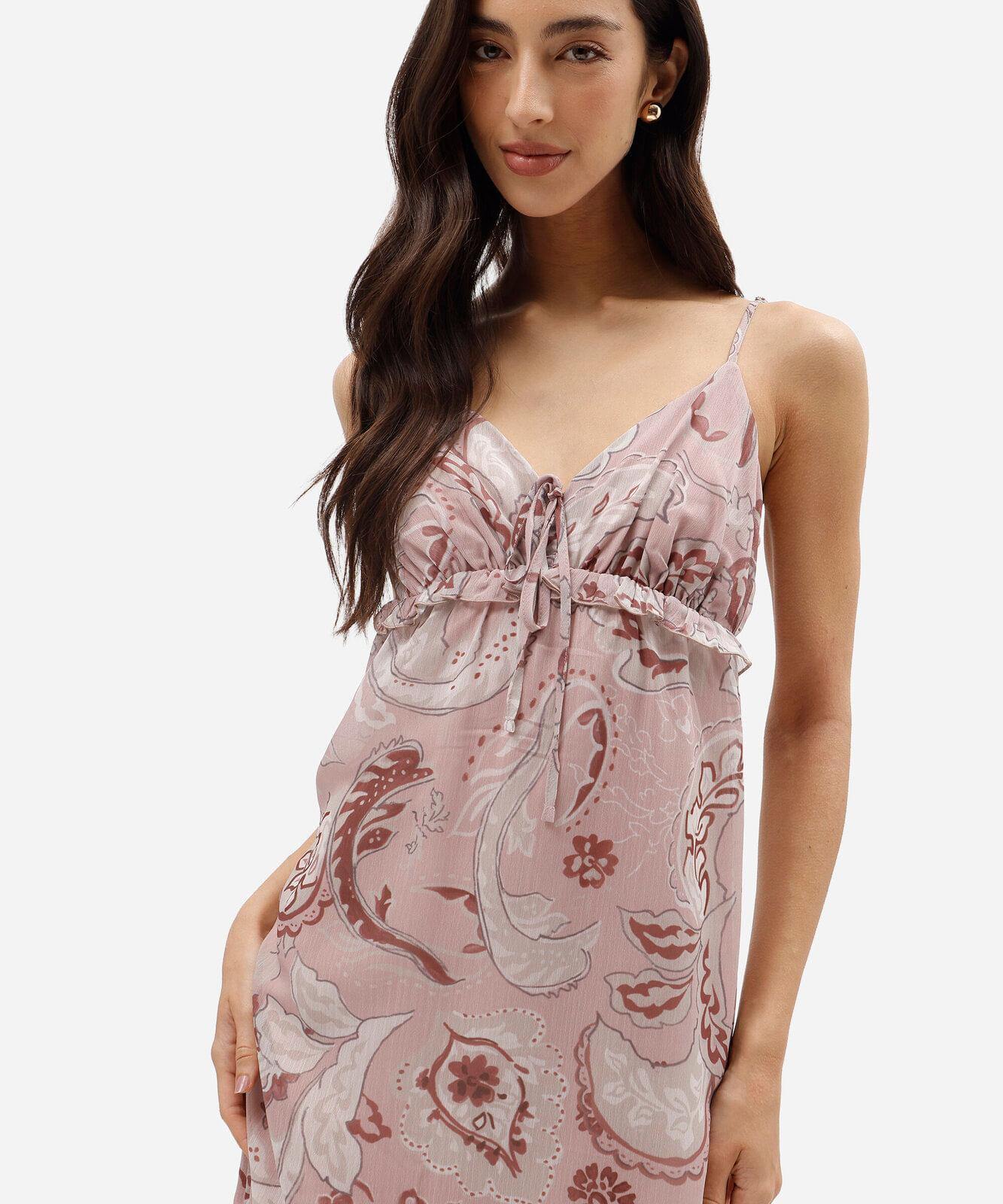 vestido longo alça fina feminino paisley rosa