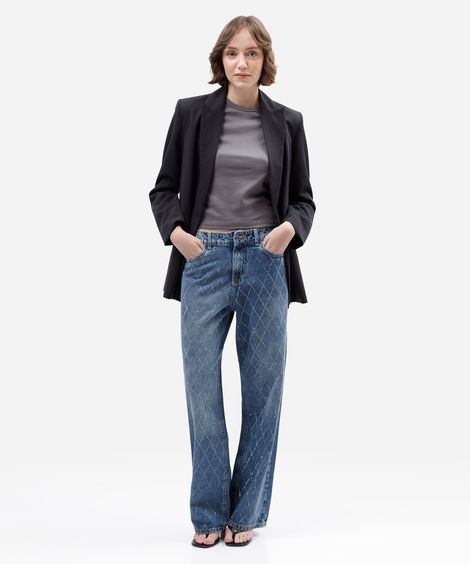 calça wide leg slim feminina jeans com brilhos cintura média azul