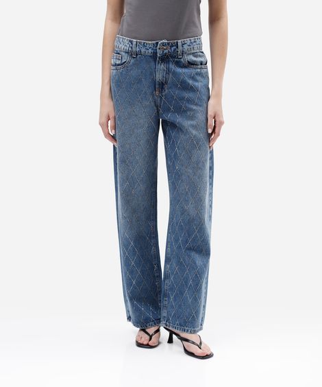 calça wide leg slim feminina jeans com brilhos cintura média azul