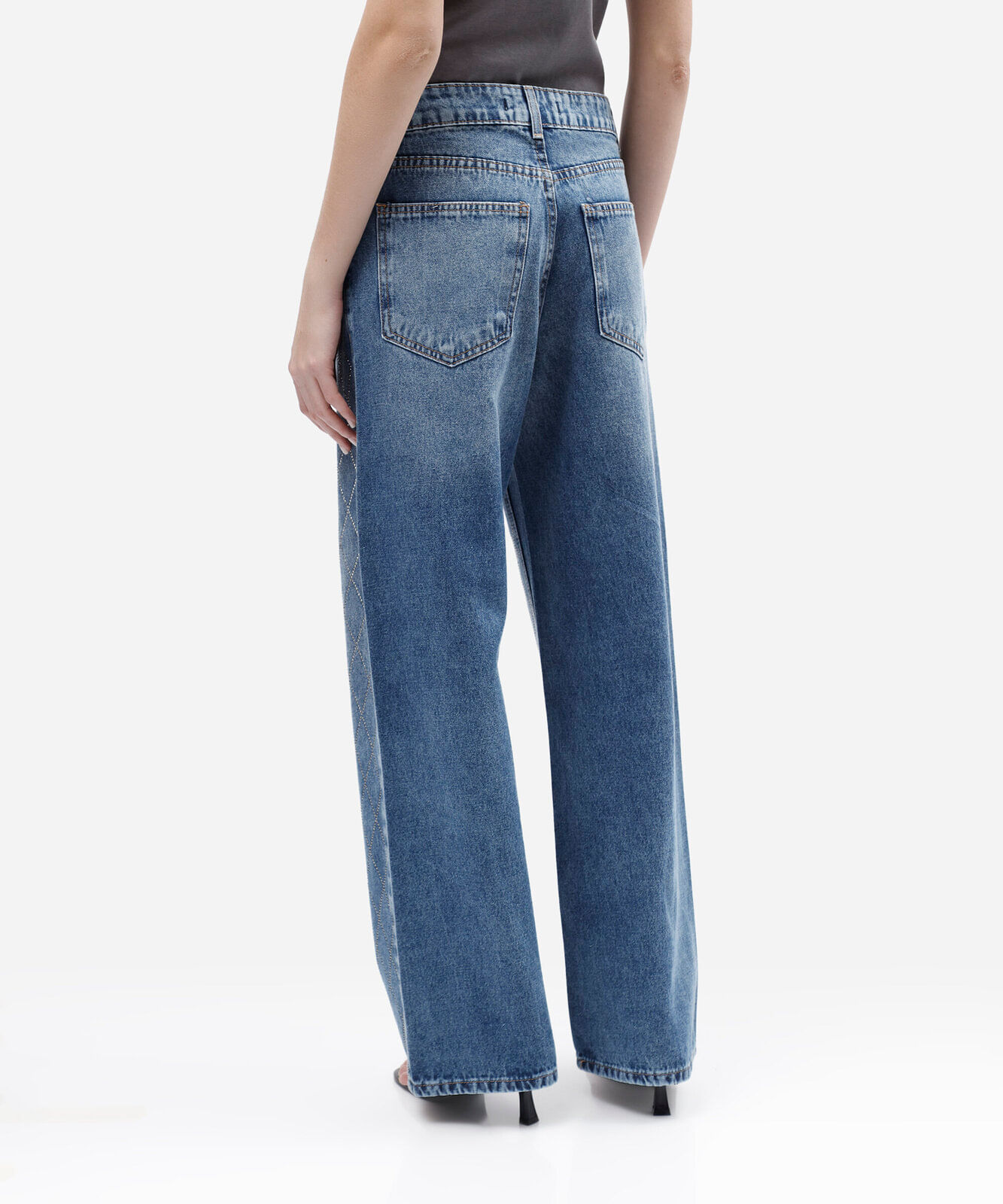 calça wide leg slim feminina jeans com brilhos cintura média azul