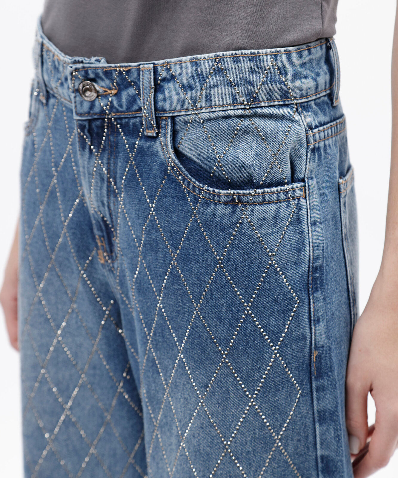 calça wide leg slim feminina jeans com brilhos cintura média azul