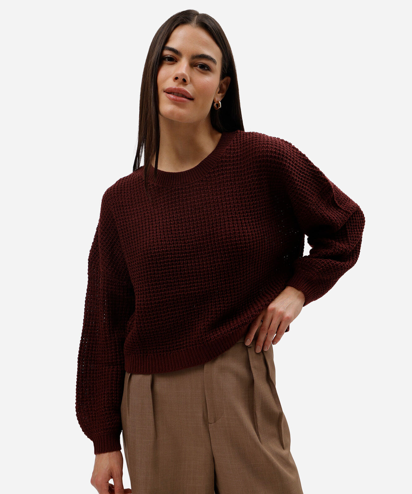 suéter cropped feminino de tricot texturizado vinho