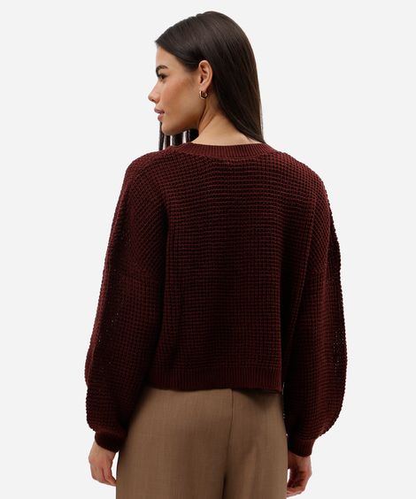 suéter cropped feminino de tricot texturizado vinho