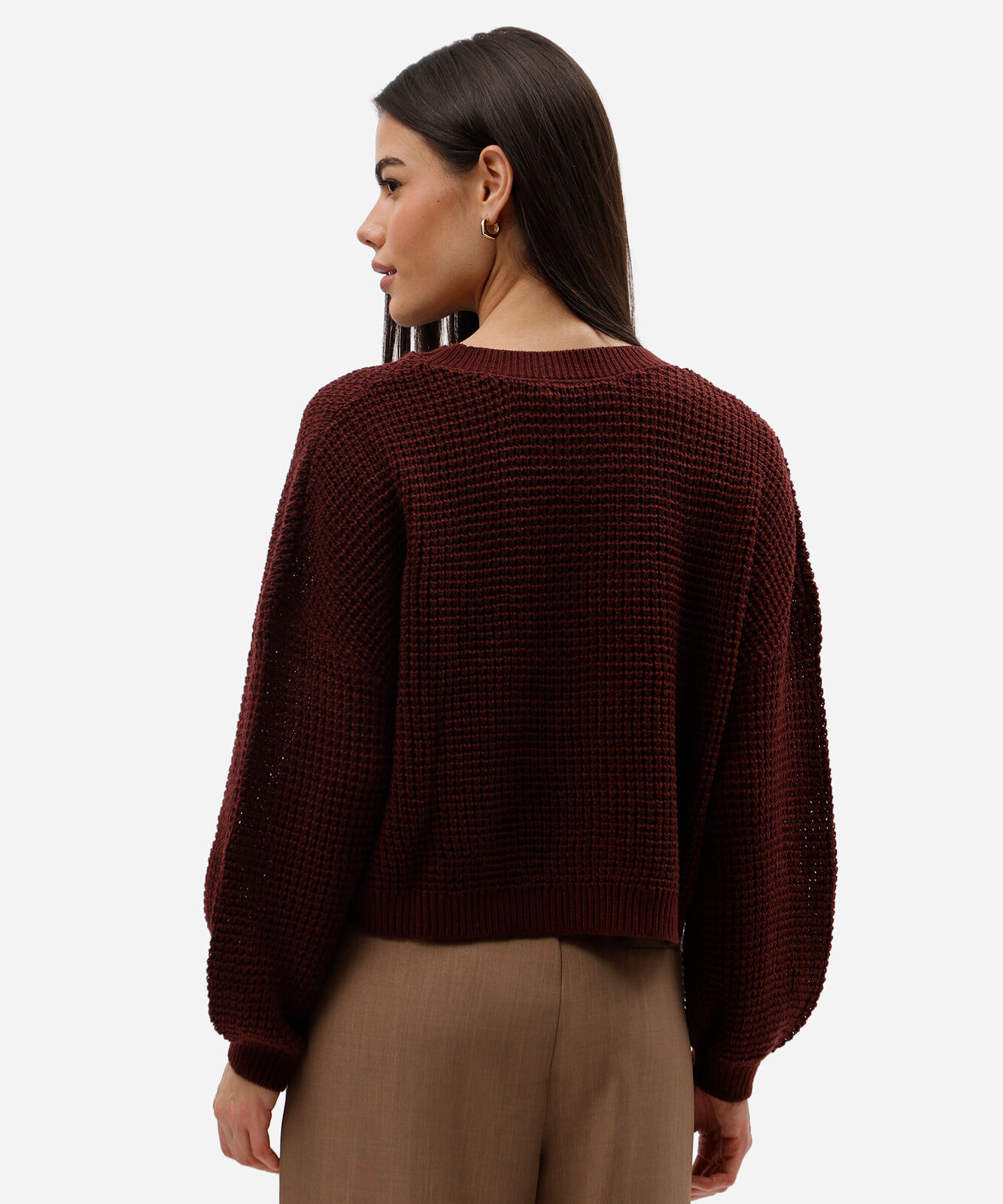 suéter cropped feminino de tricot texturizado vinho