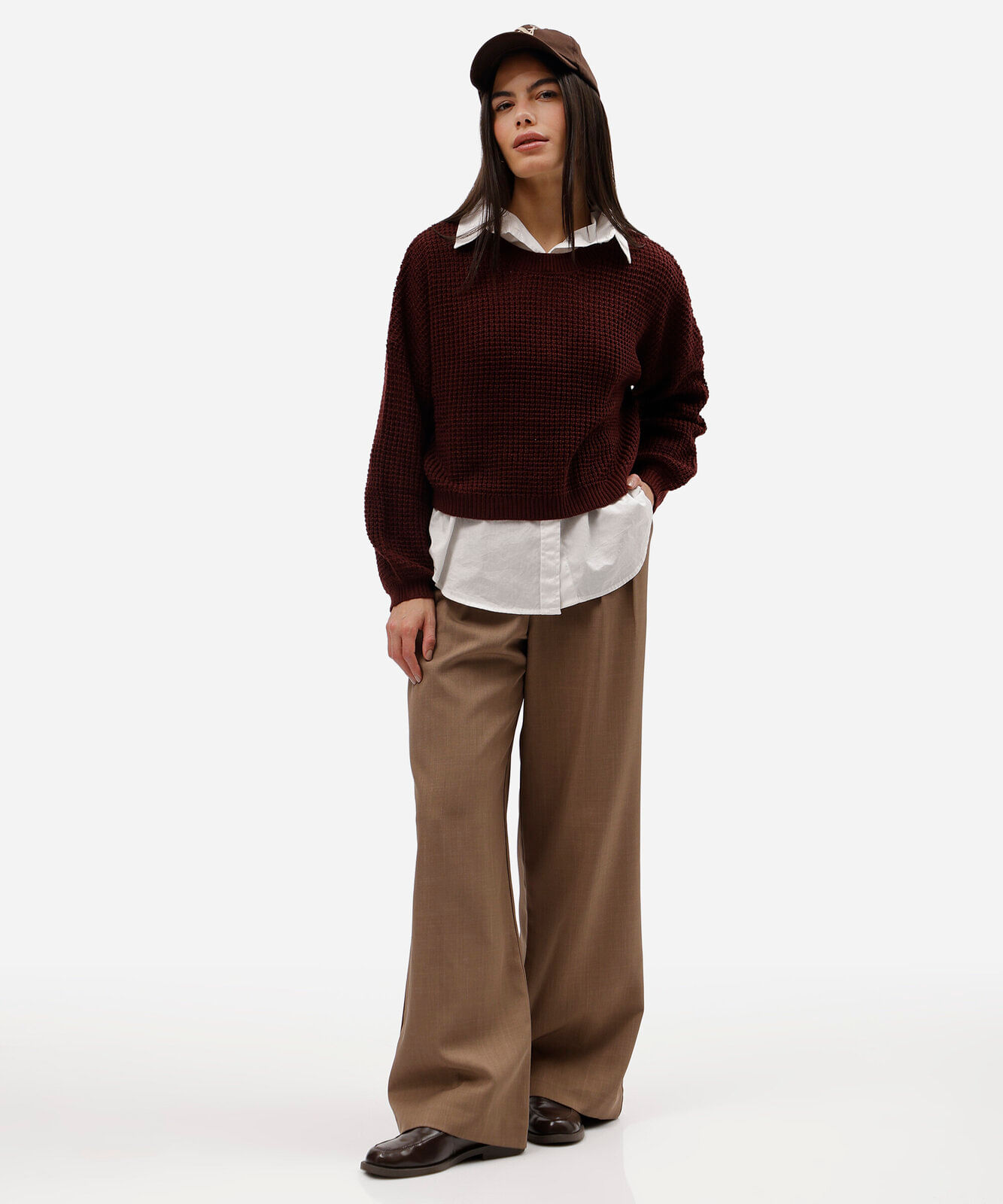 suéter cropped feminino de tricot texturizado vinho