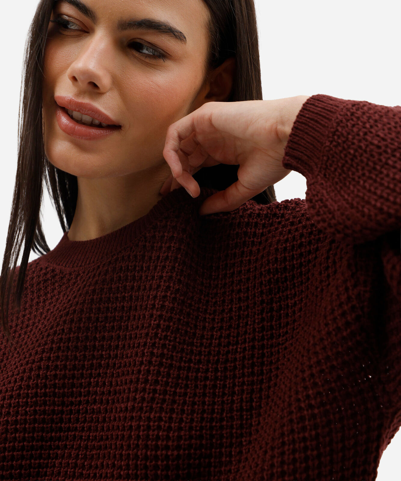 suéter cropped feminino de tricot texturizado vinho
