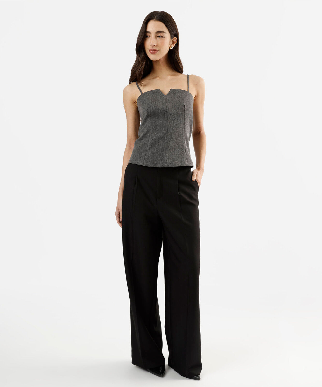 blusa alça fina feminina com recortes texturizada cinza
