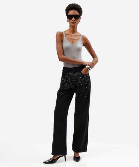 calça wide leg slim feminina jeans com brilhos cintura alta preta