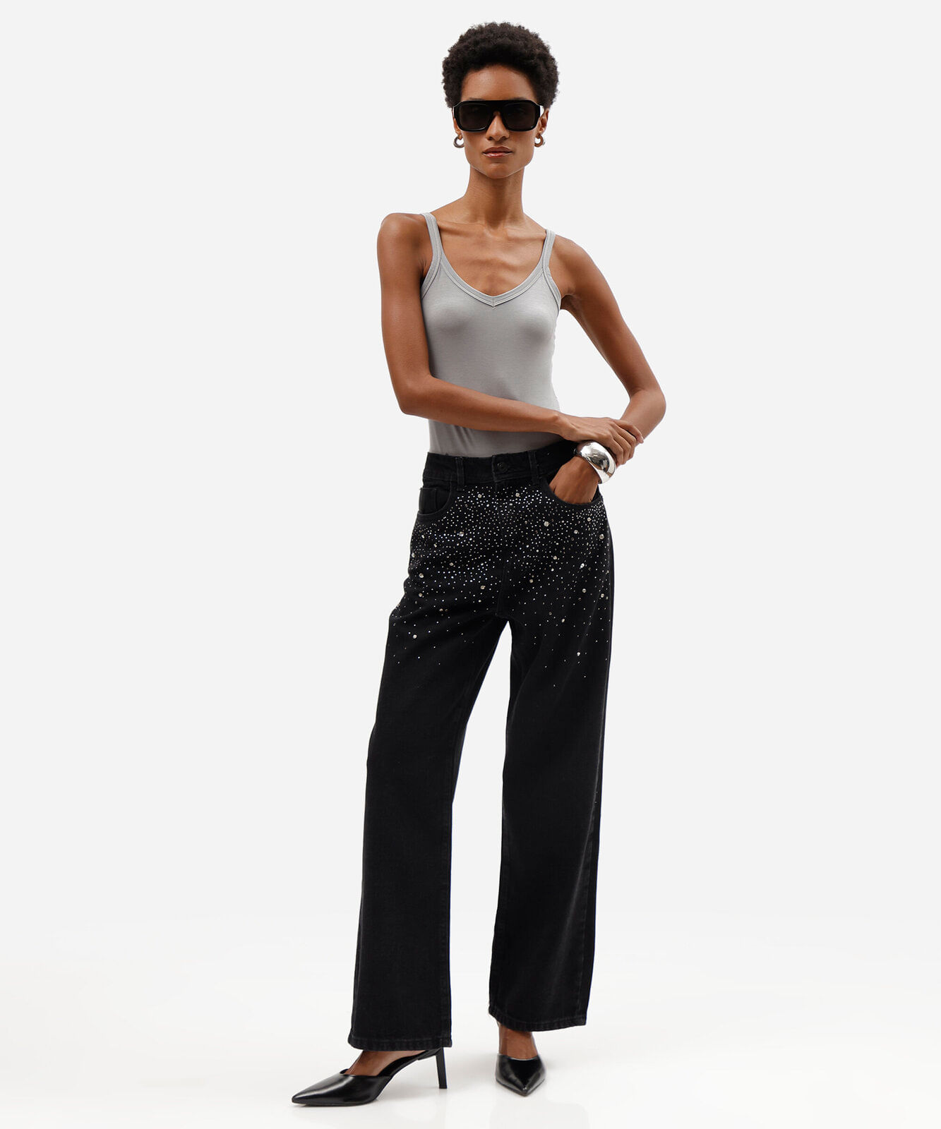 calça wide leg slim feminina jeans com brilhos cintura alta preta
