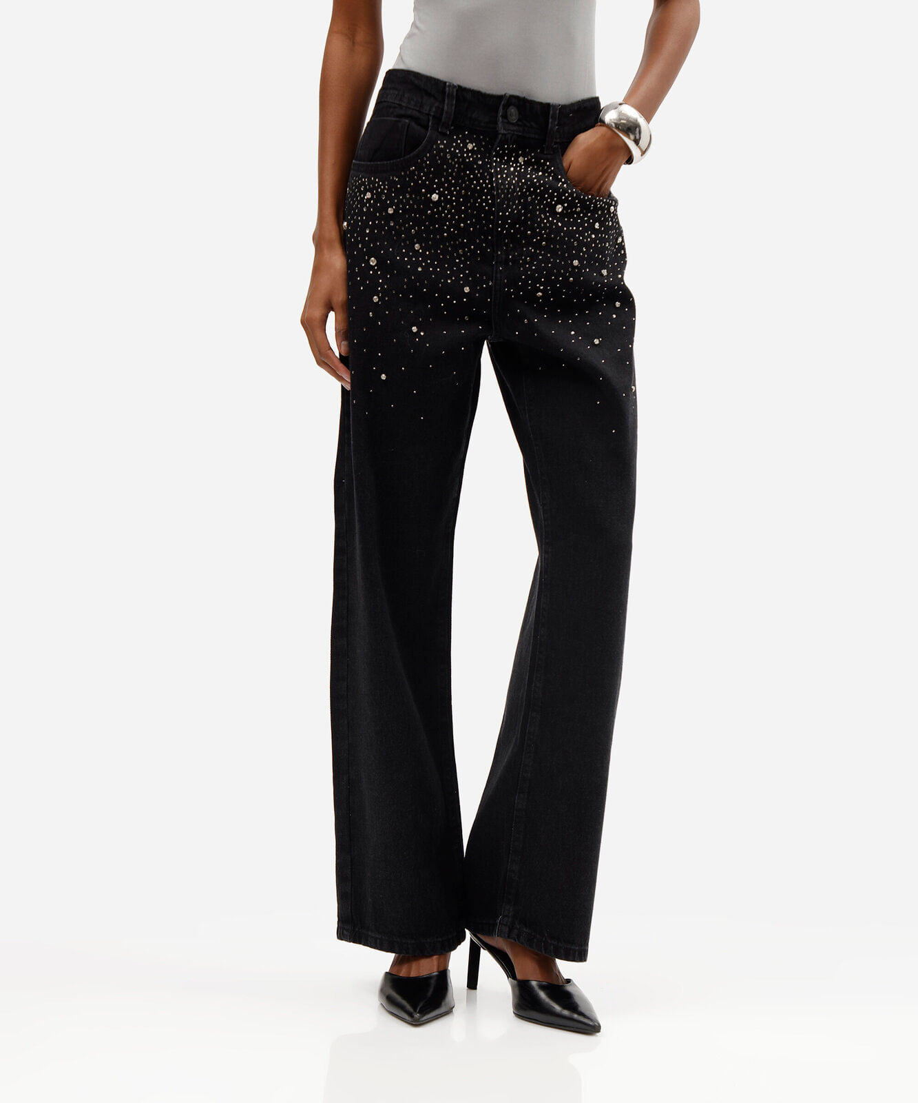 calça wide leg slim feminina jeans com brilhos cintura alta preta