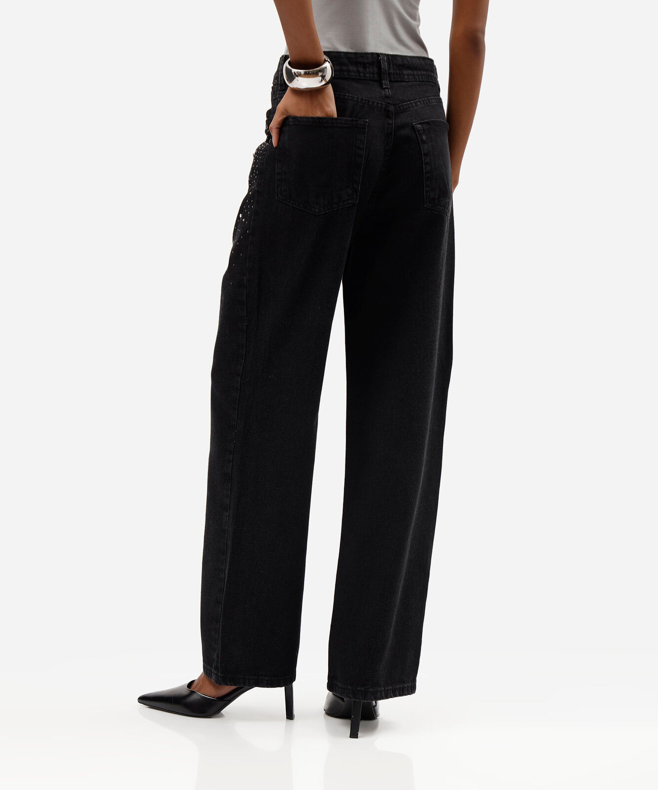 calça wide leg slim feminina jeans com brilhos cintura alta preta
