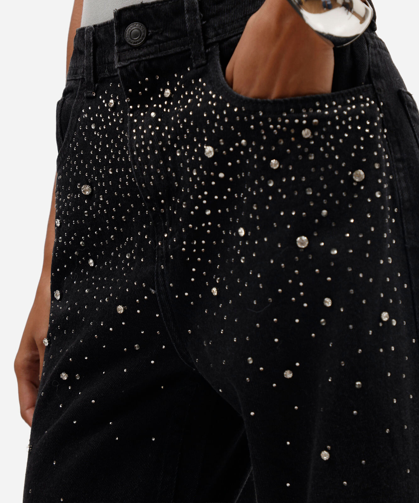 calça wide leg slim feminina jeans com brilhos cintura alta preta