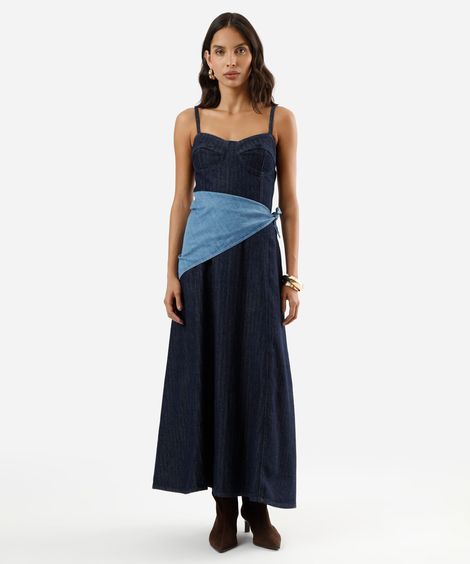 vestido midi alça fina feminino jeans listrado azul