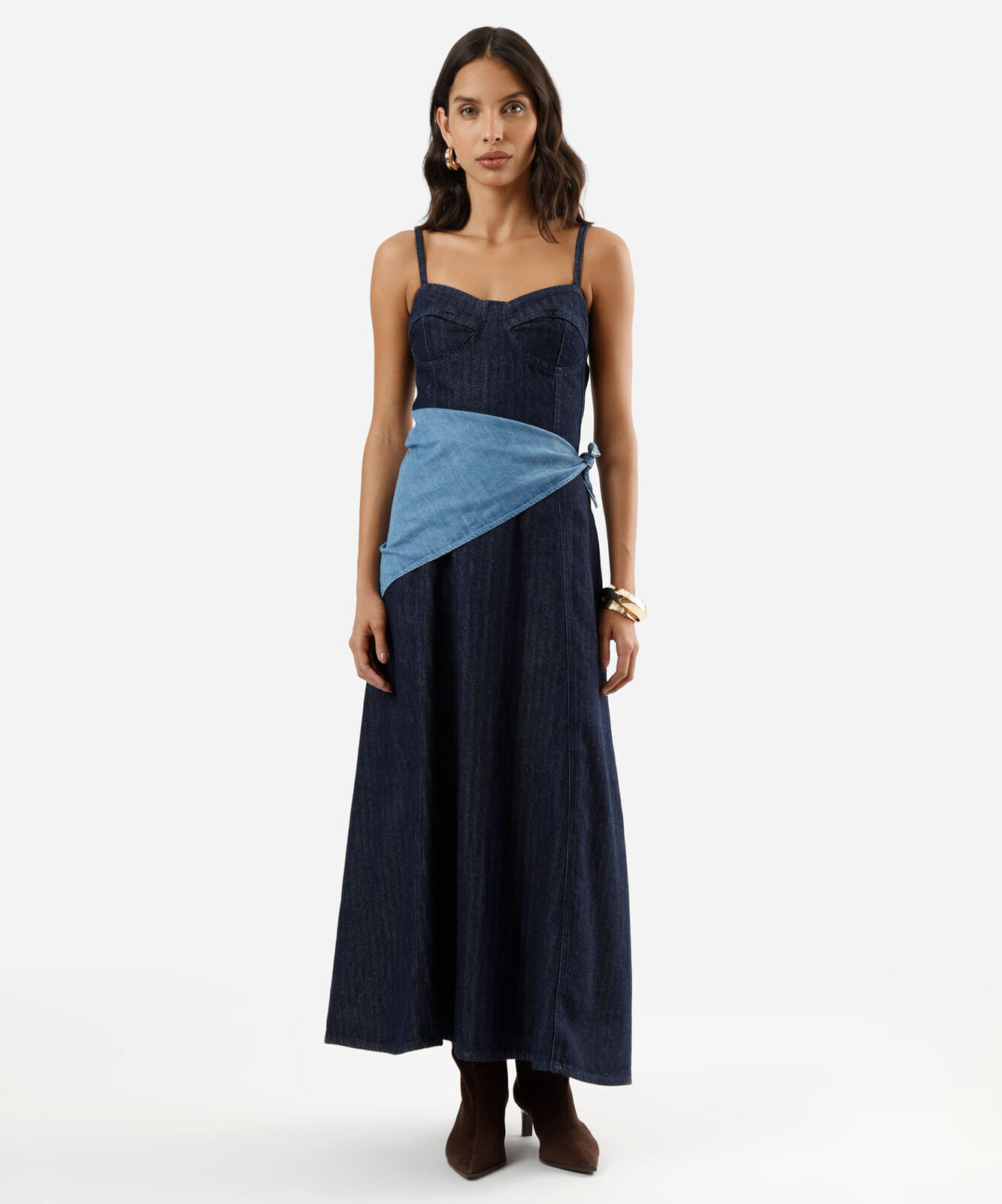 vestido midi alça fina feminino jeans listrado azul