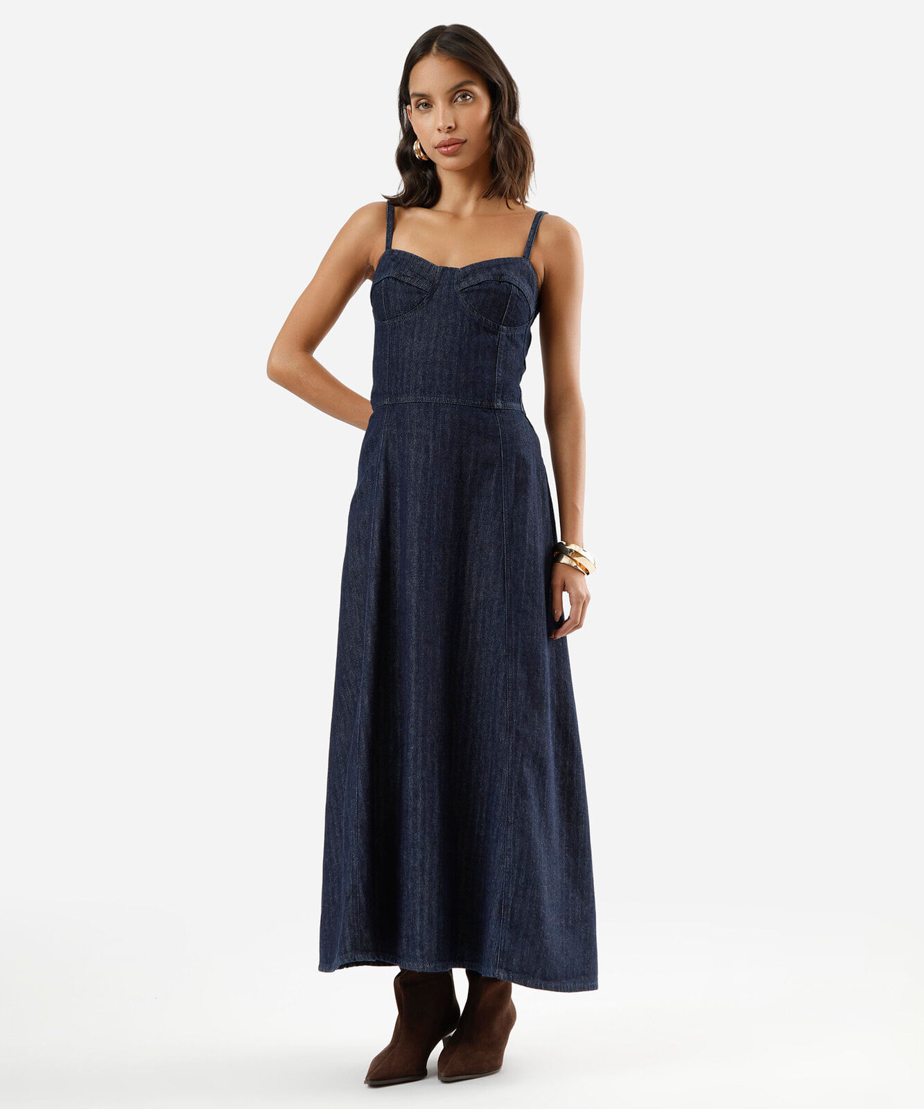 vestido midi alça fina feminino jeans listrado azul