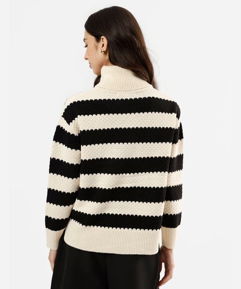 suéter feminino de tricot gola alta texturizado listrado preto
