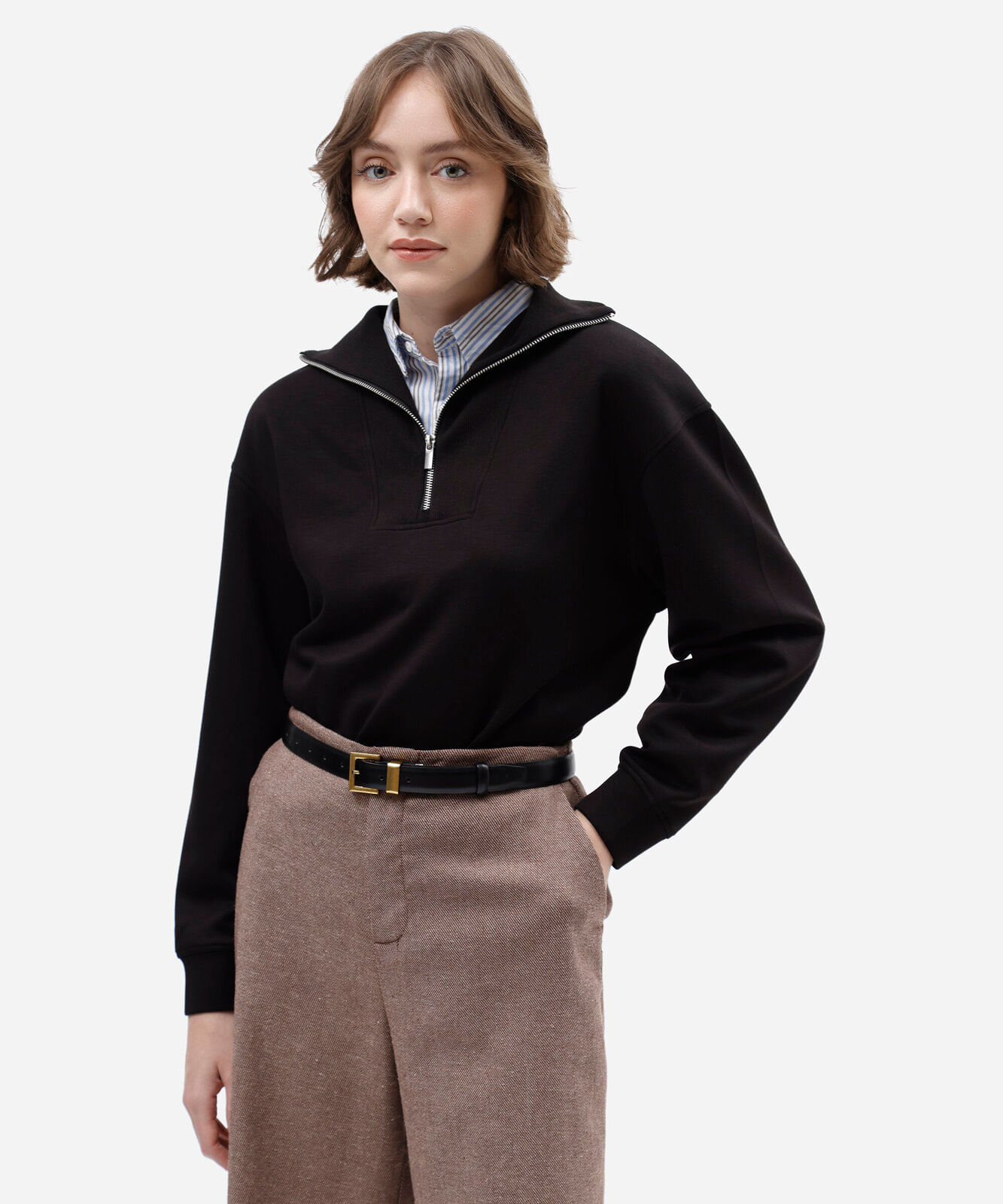 blusão feminino de moletom gola alta com zíper preto