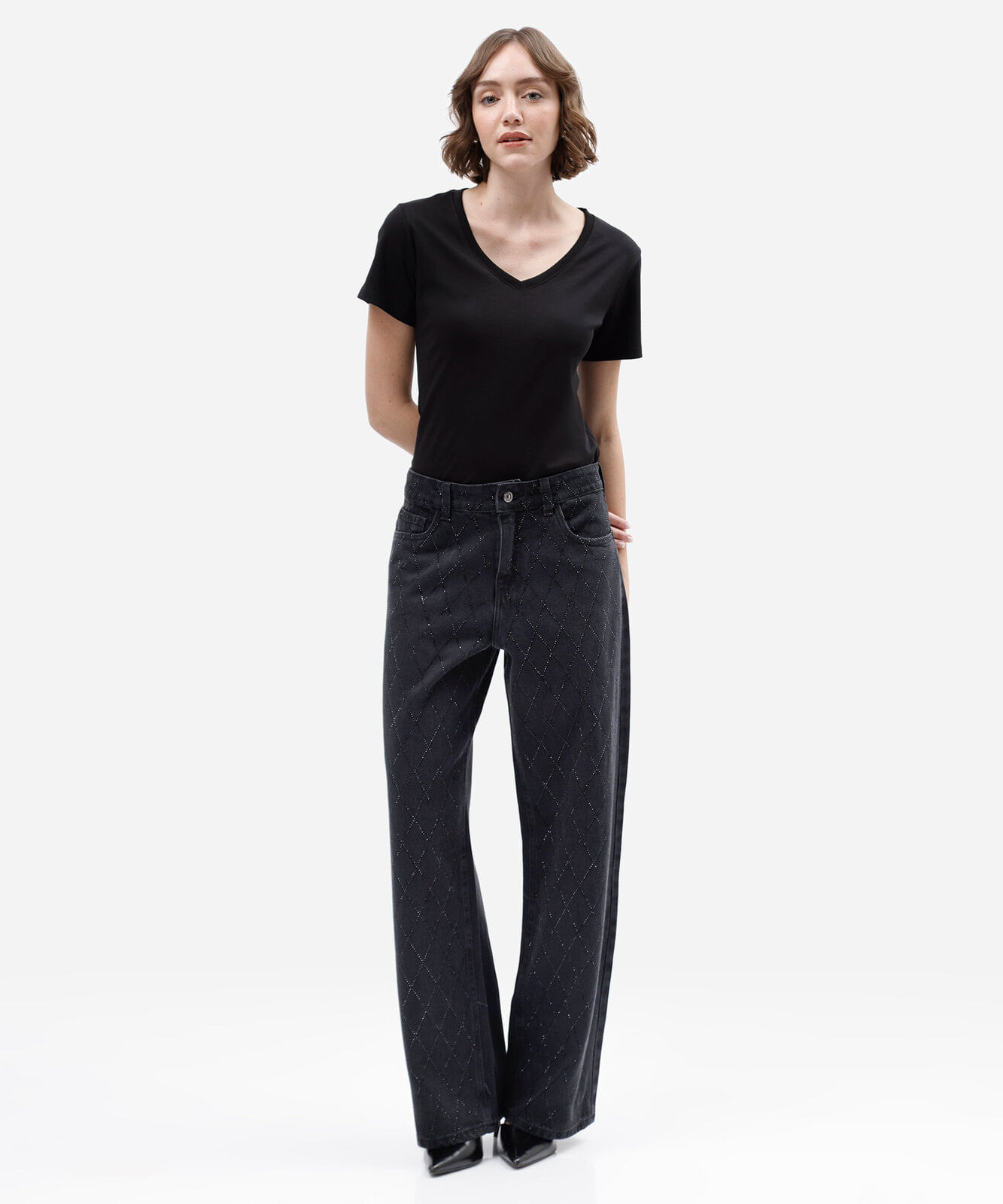 calça wide leg slim feminina jeans com brilhos cintura média preta