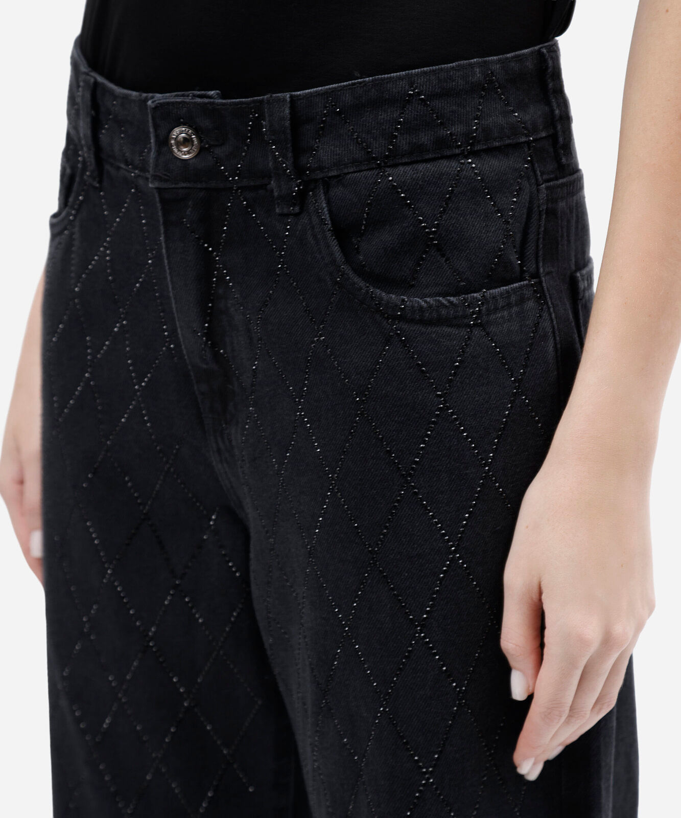 calça wide leg slim feminina jeans com brilhos cintura média preta