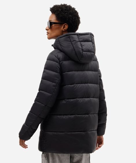jaqueta puffer feminina com capuz e bolsos preta
