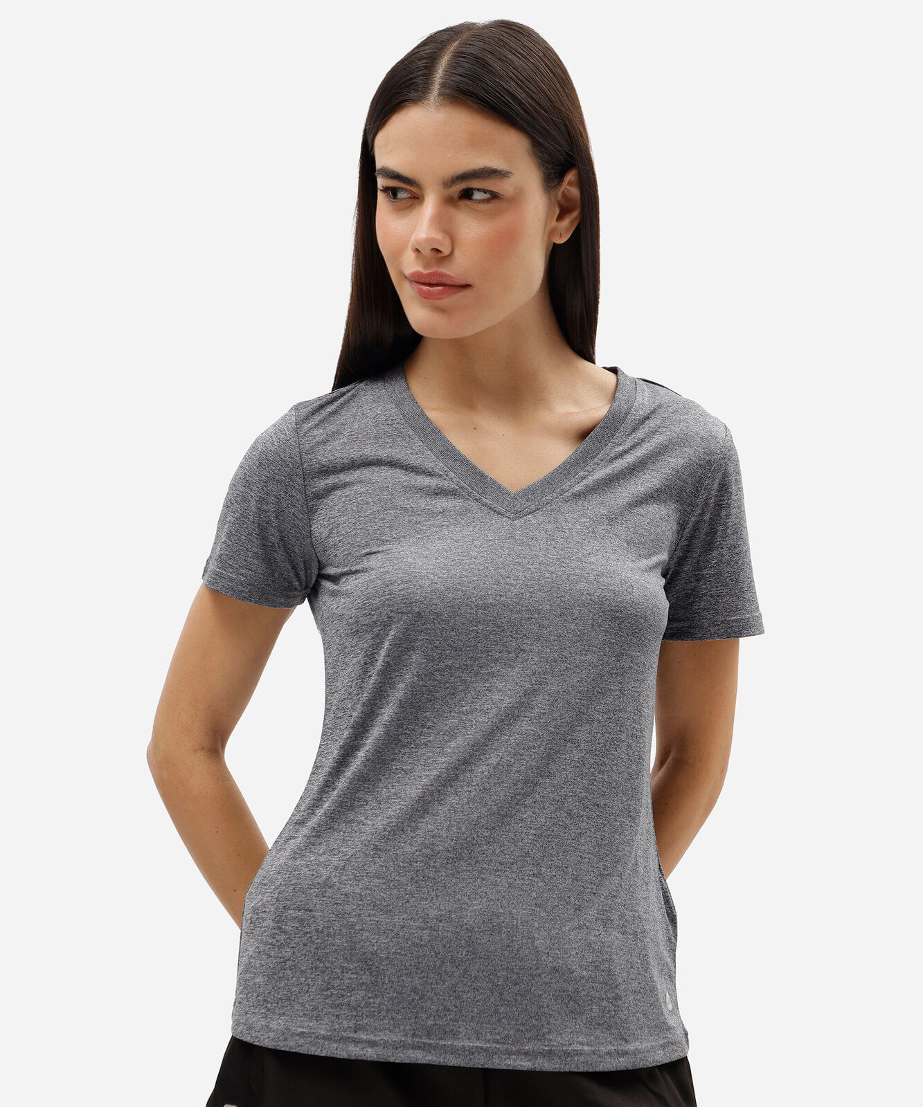 blusa esportiva feminina decote v manga curta cinza