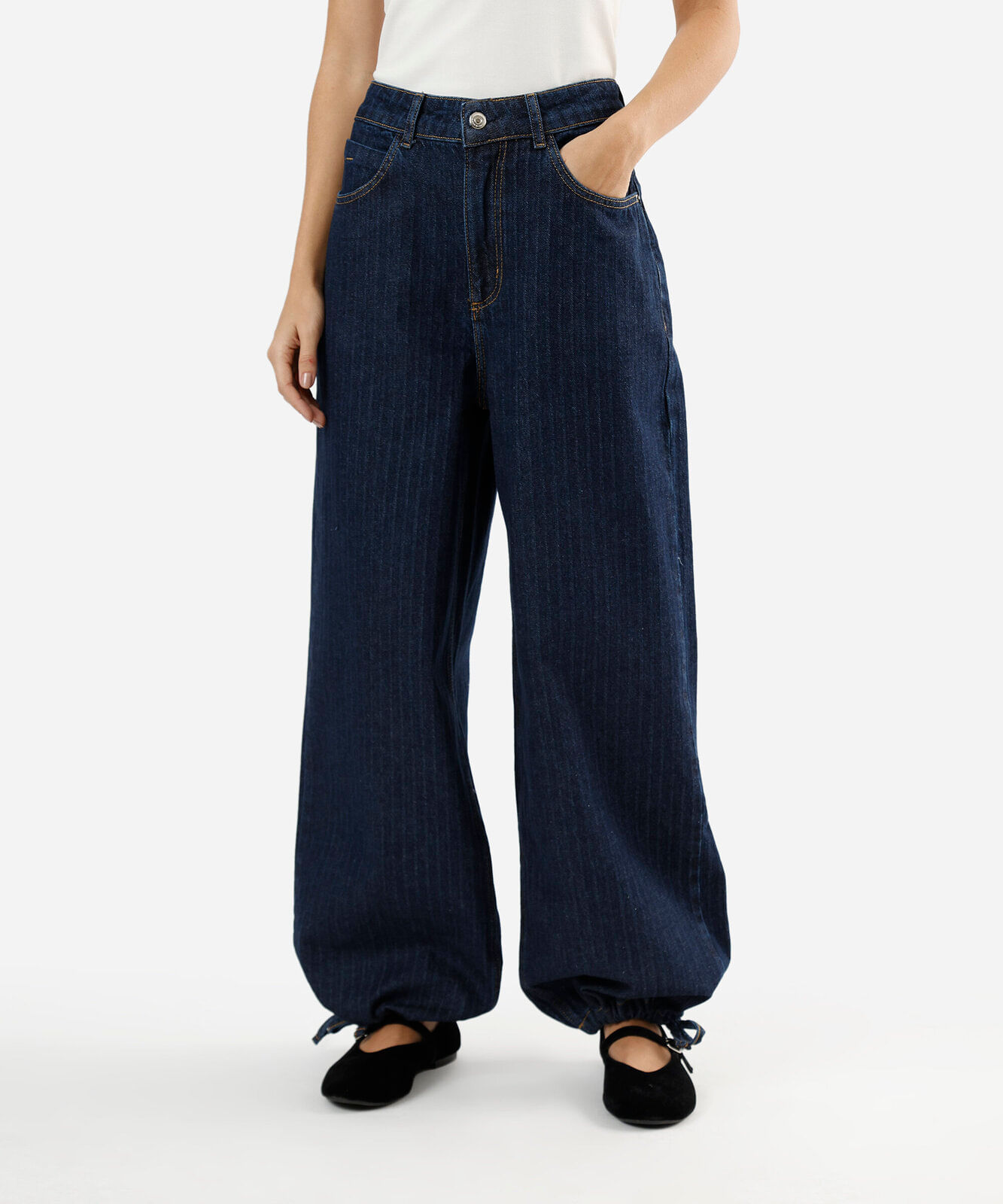 calça aladim feminina jeans cintura média listrada azul