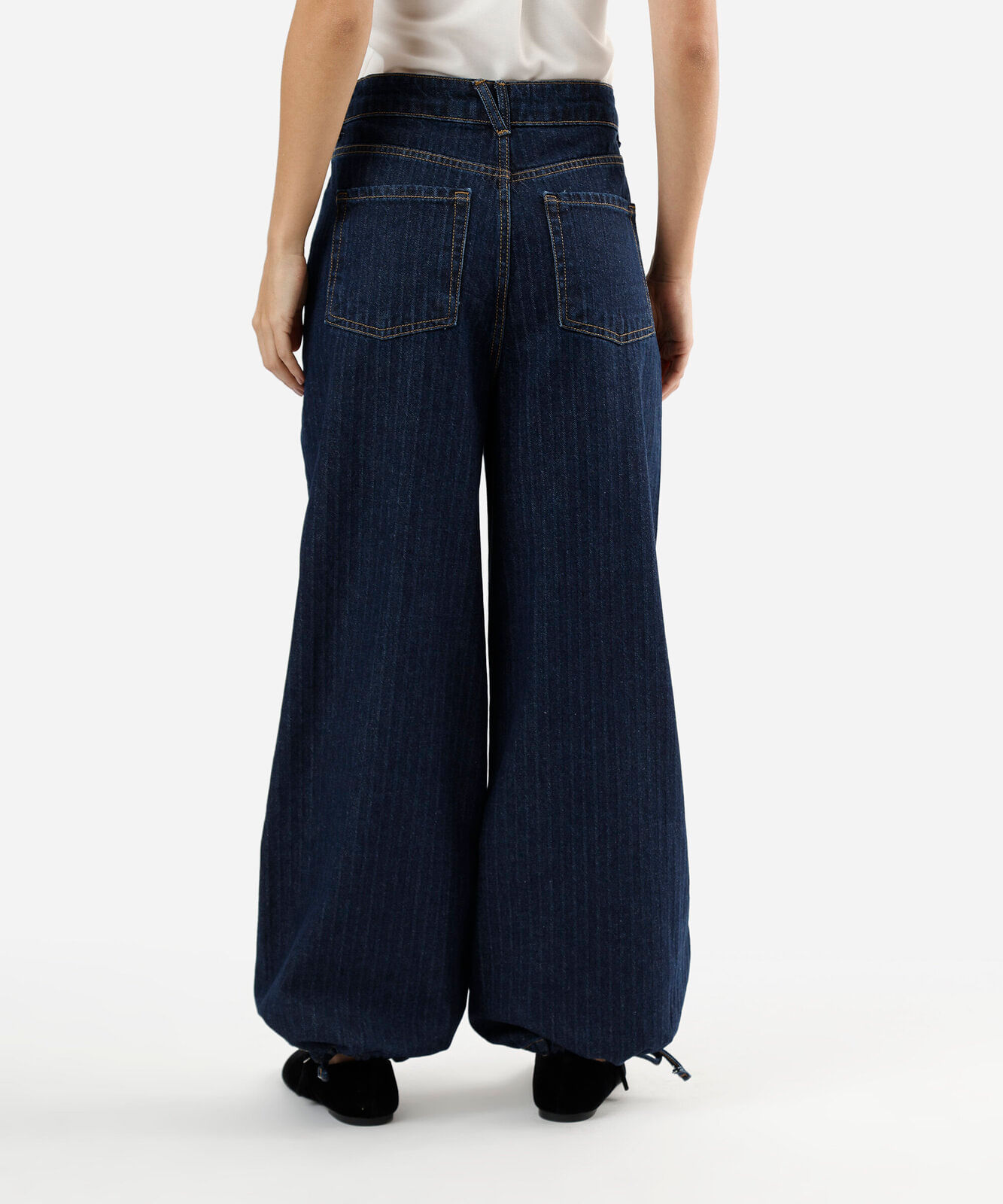 calça aladim feminina jeans cintura média listrada azul
