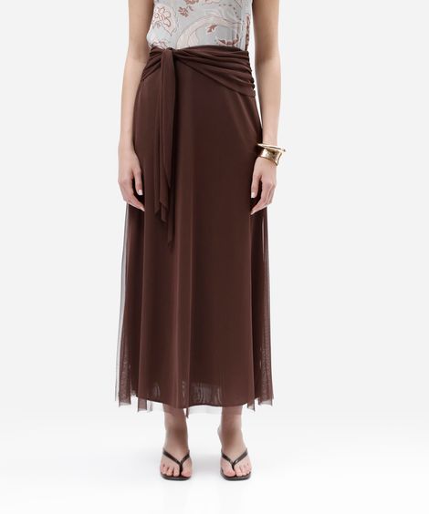 saia longa feminina de tule com amarração marrom