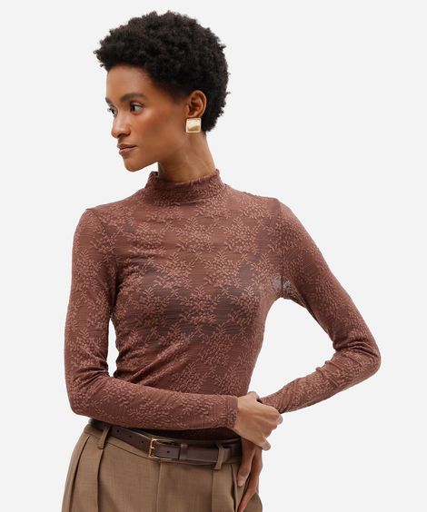 blusa feminina de renda gola alta manga longa floral marrom