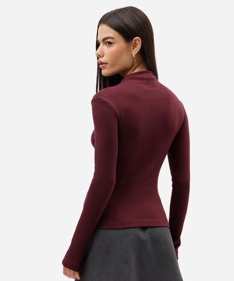blusa feminina de algodão gola alta manga longa vinho
