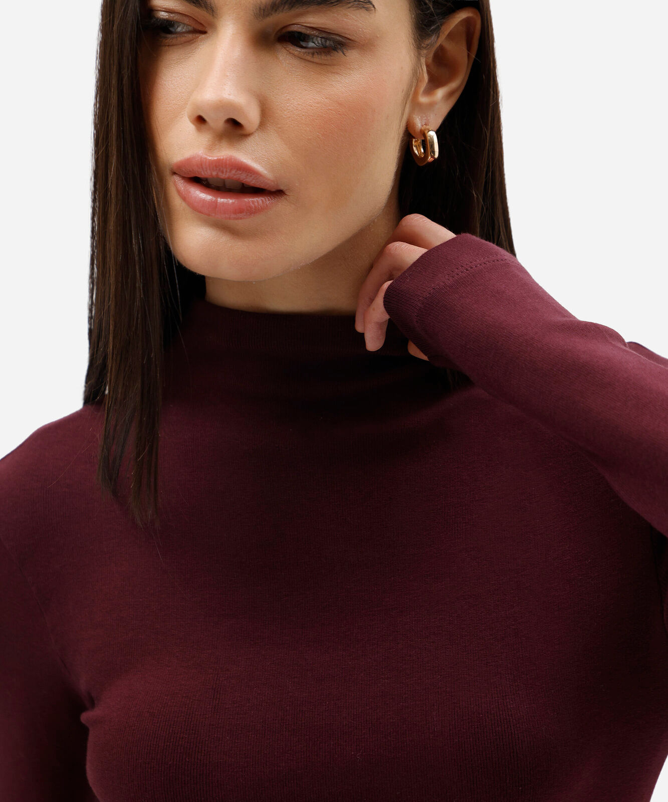 blusa feminina de algodão gola alta manga longa vinho