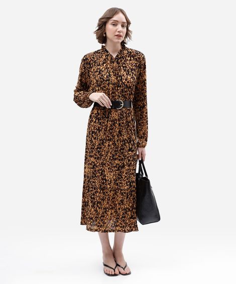 vestido midi feminino plissado animal print com cinto marrom