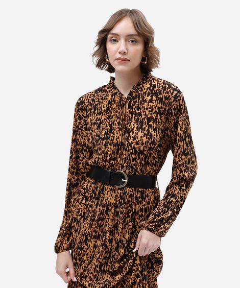 vestido midi feminino plissado animal print com cinto marrom