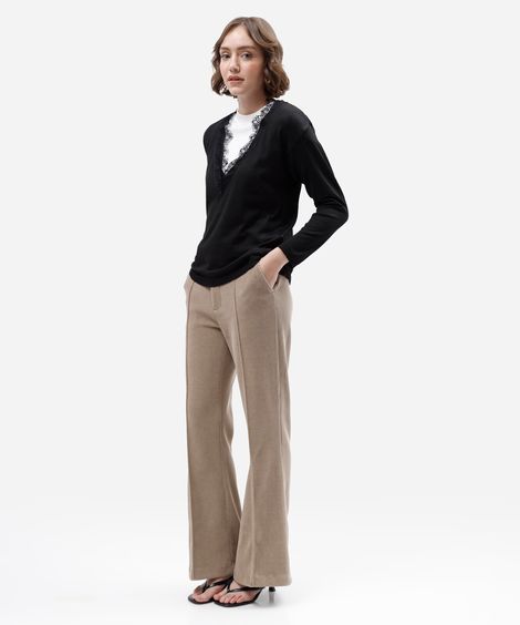 calça flare feminina cintura alta canelada bege