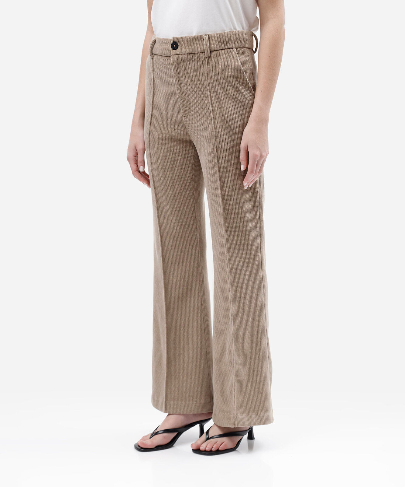 calça flare feminina cintura alta canelada bege