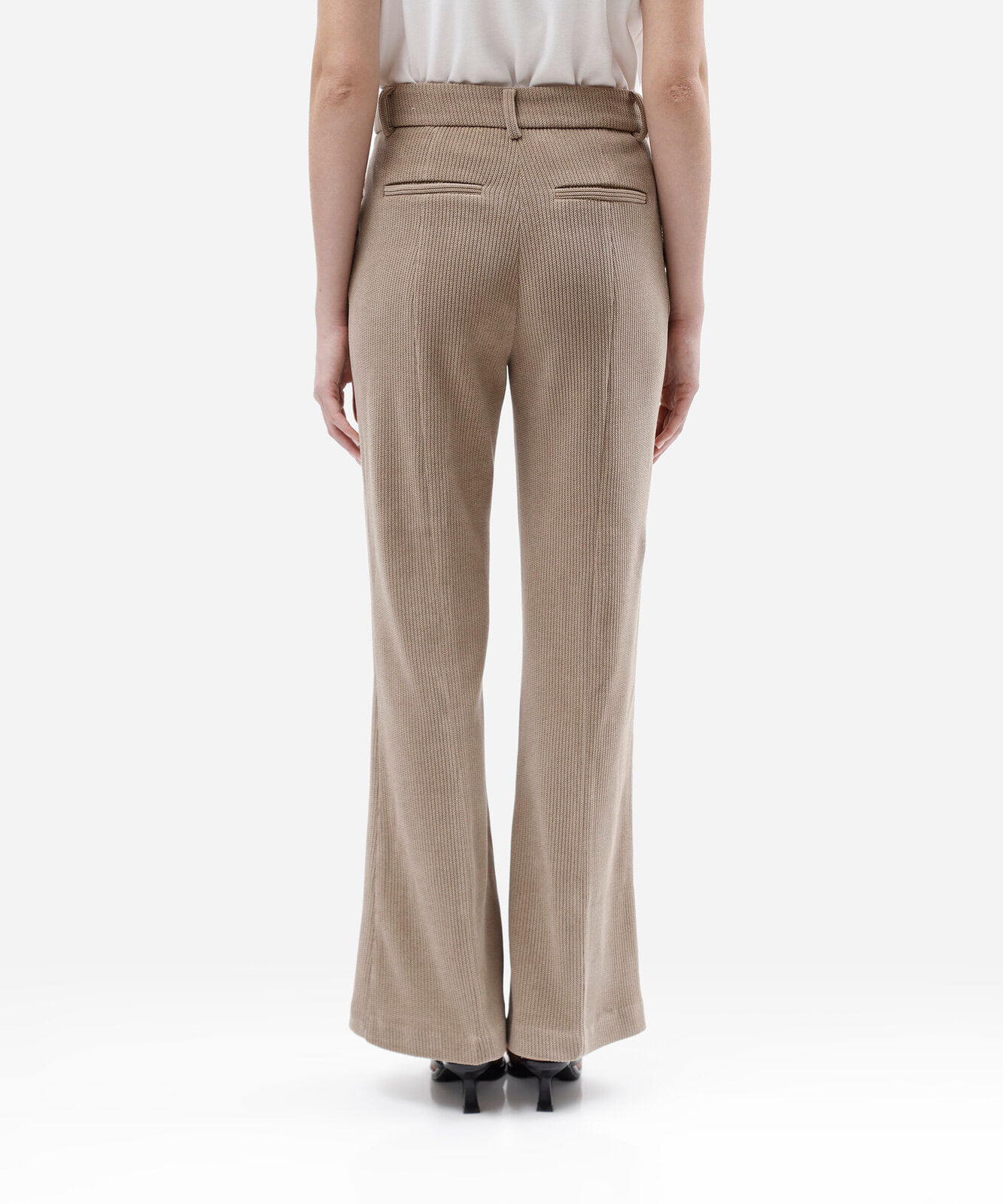 calça flare feminina cintura alta canelada bege