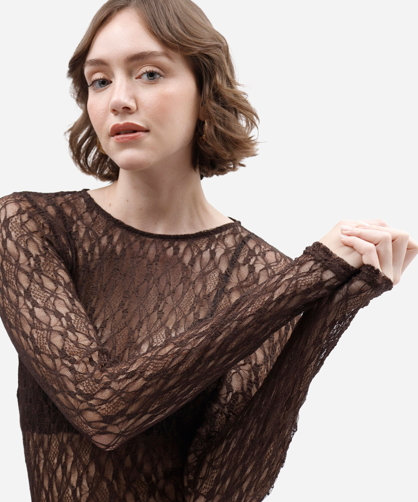 blusa manga longa feminina de renda marrom