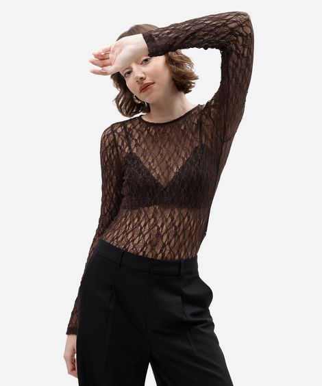 blusa manga longa feminina de renda marrom