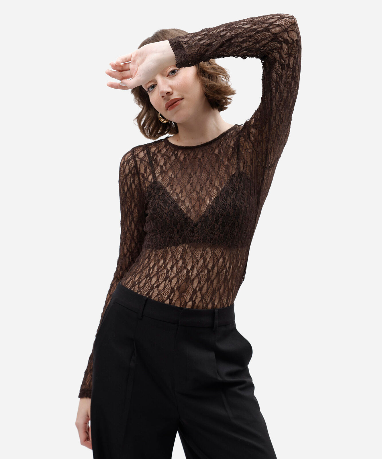 blusa manga longa feminina de renda marrom