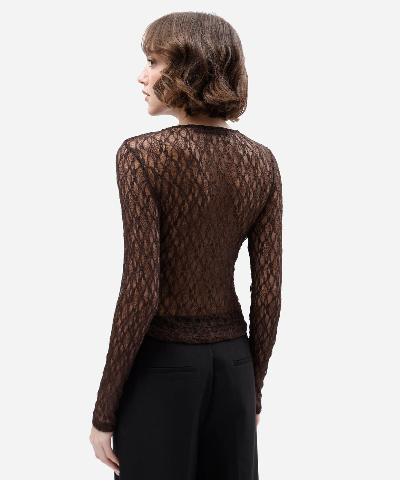 blusa manga longa feminina de renda marrom