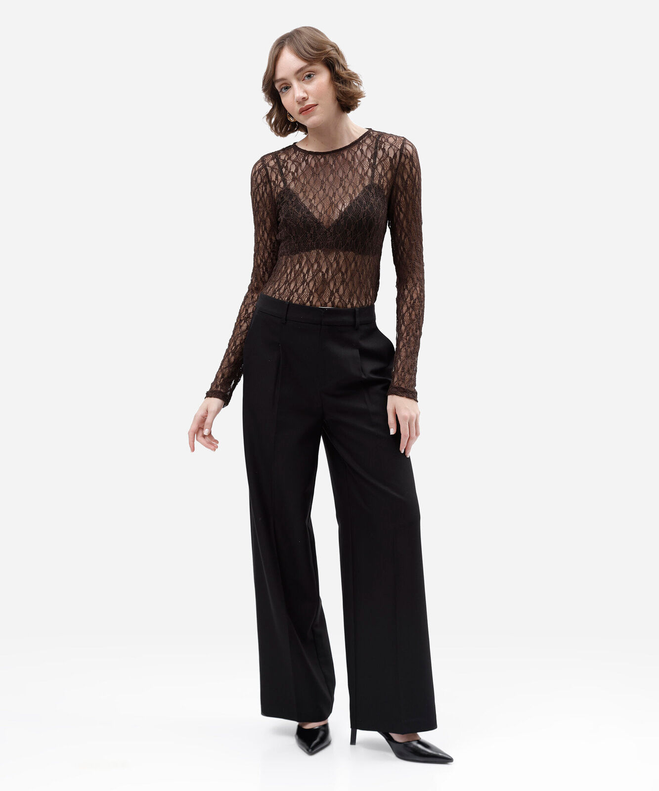 blusa manga longa feminina de renda marrom