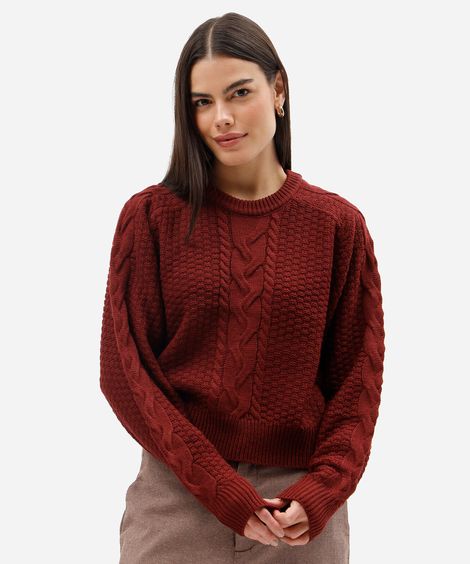 suéter cropped feminino de tricot texturizado vinho